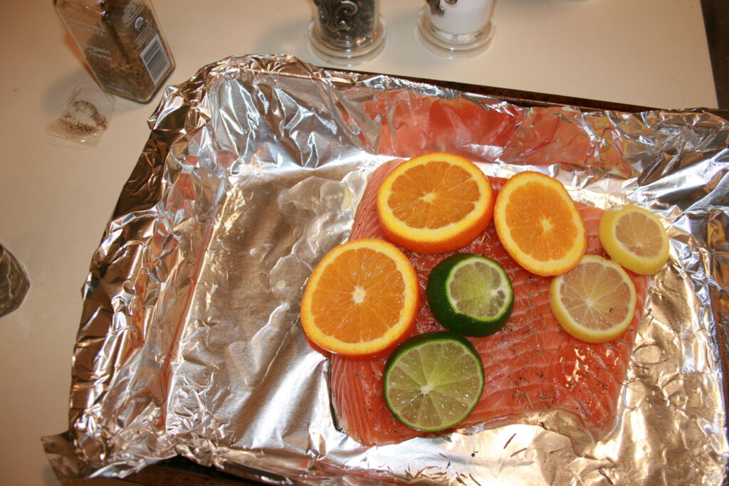 citrus salmon and broccoli prep