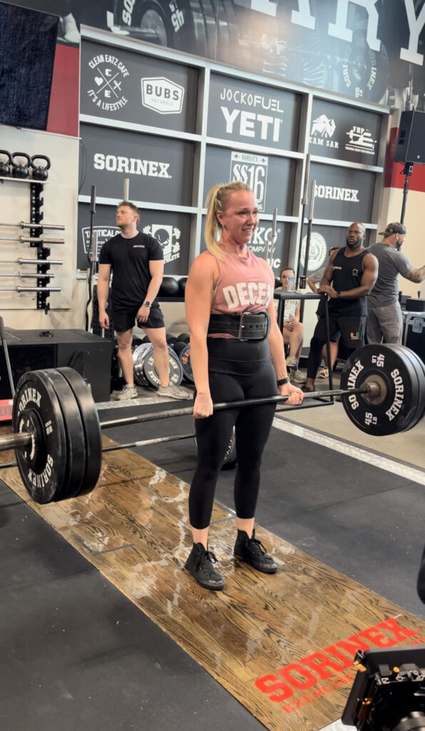 Gym flooring. Kathryn Alexander deadlifting on platform at Sorinex.